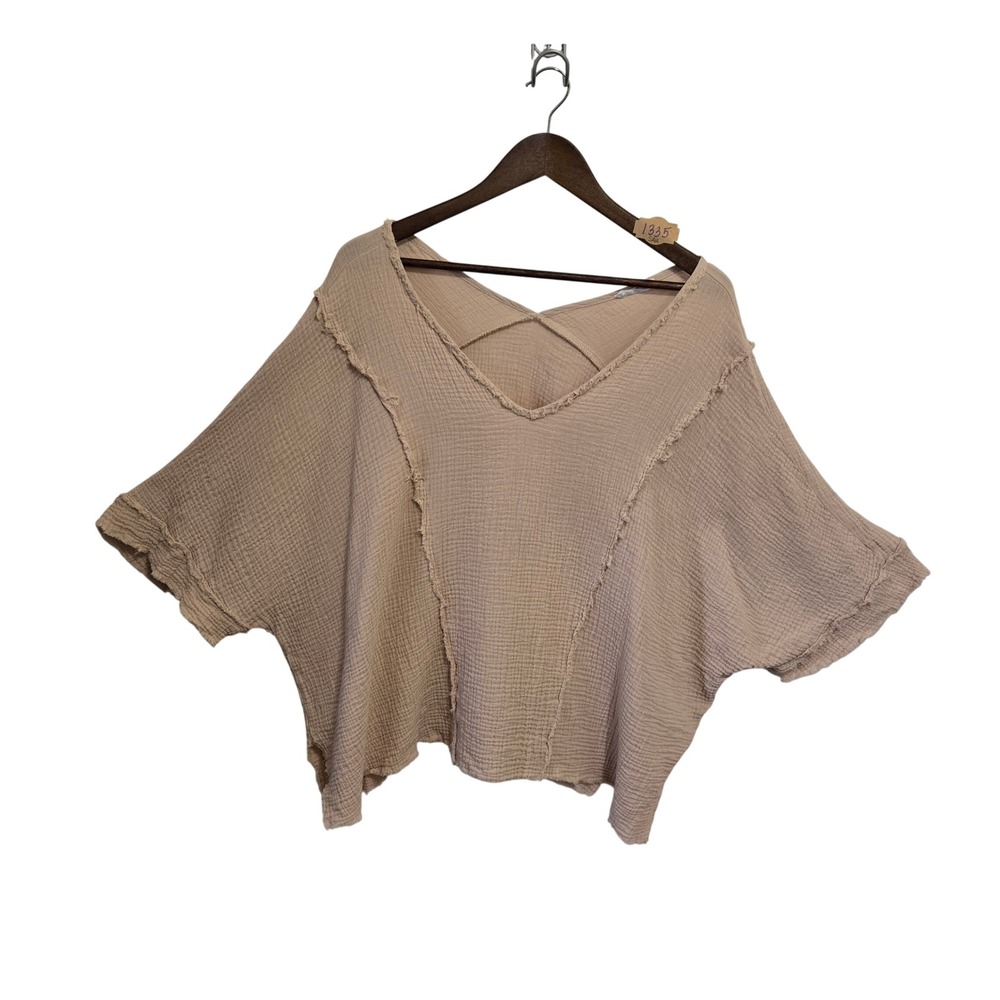 GeeGee Women Beige Gauze Cotton V-Neck Oversized Raw Edge Seam Boho Top L